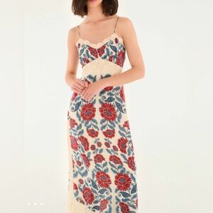 FARM Rio Cream Maxi Dress with Red & Blue Floral Motif